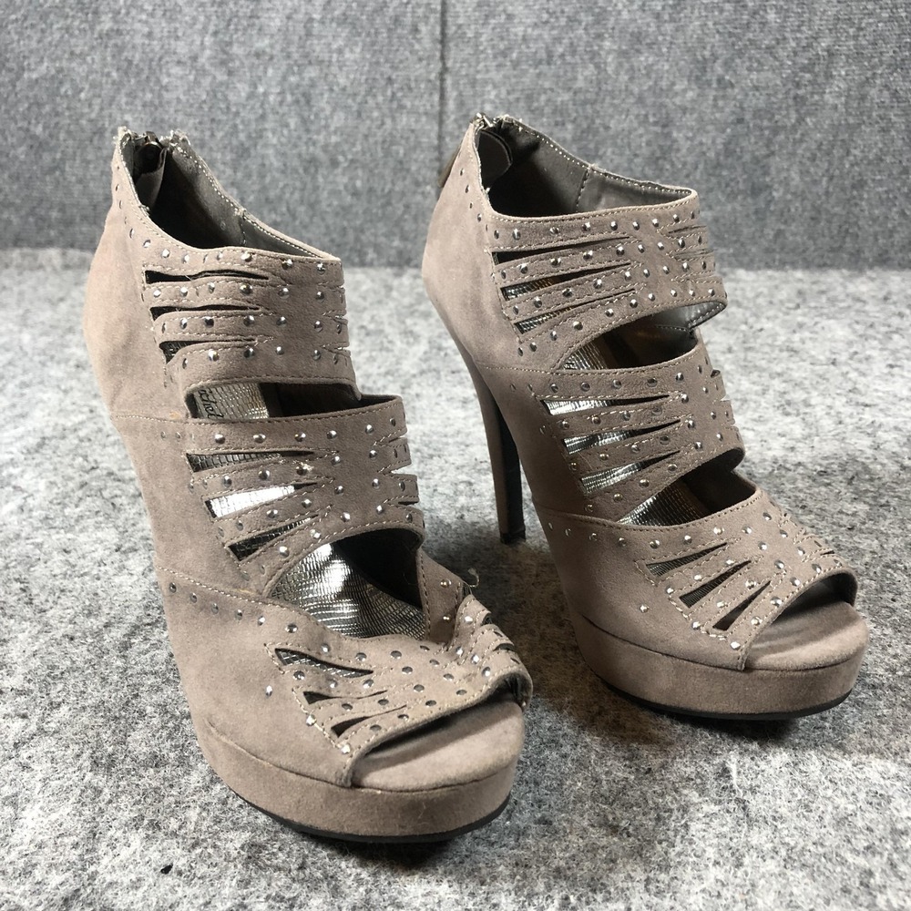 Anne Michelle Shoes Womens 6 Taupe Faux Suede Strappy Platform‎ Peep Toe Heels